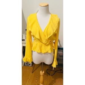 Boohoo Yellow Frilly Front Tie Blouse Top Size US 8 Medium